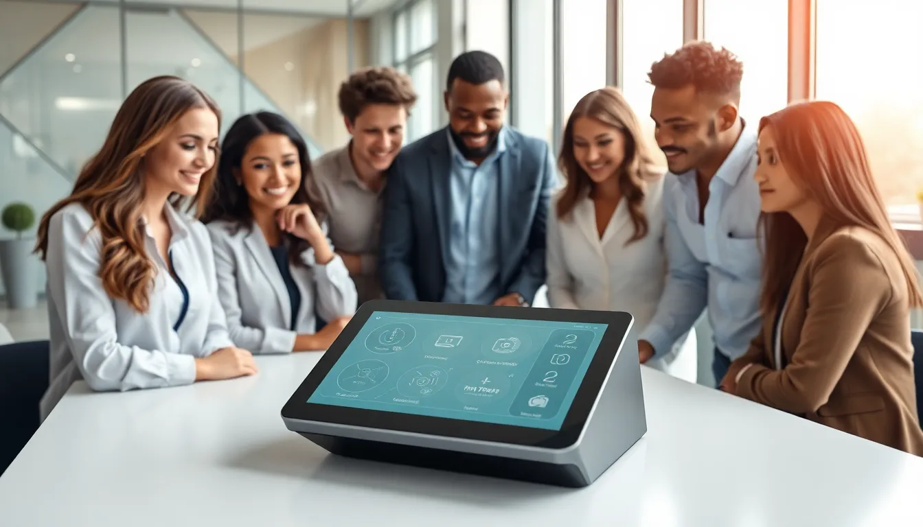 diverse team collaborating around the U143573639 device in a modern office.