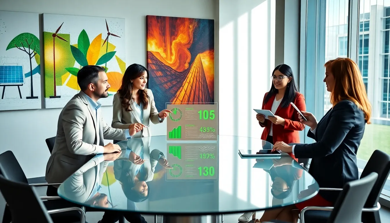 diverse team discussing energy efficiency in a modern meeting room.