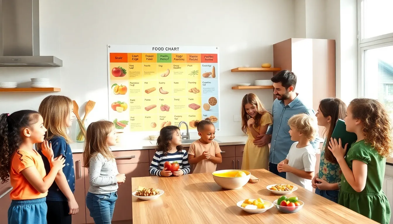colorful food chart for preschoolers in a bright kitchen setting.