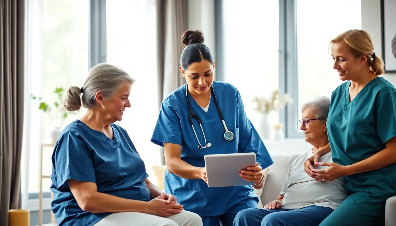 health professionals assisting a senior in a cozy home setting.