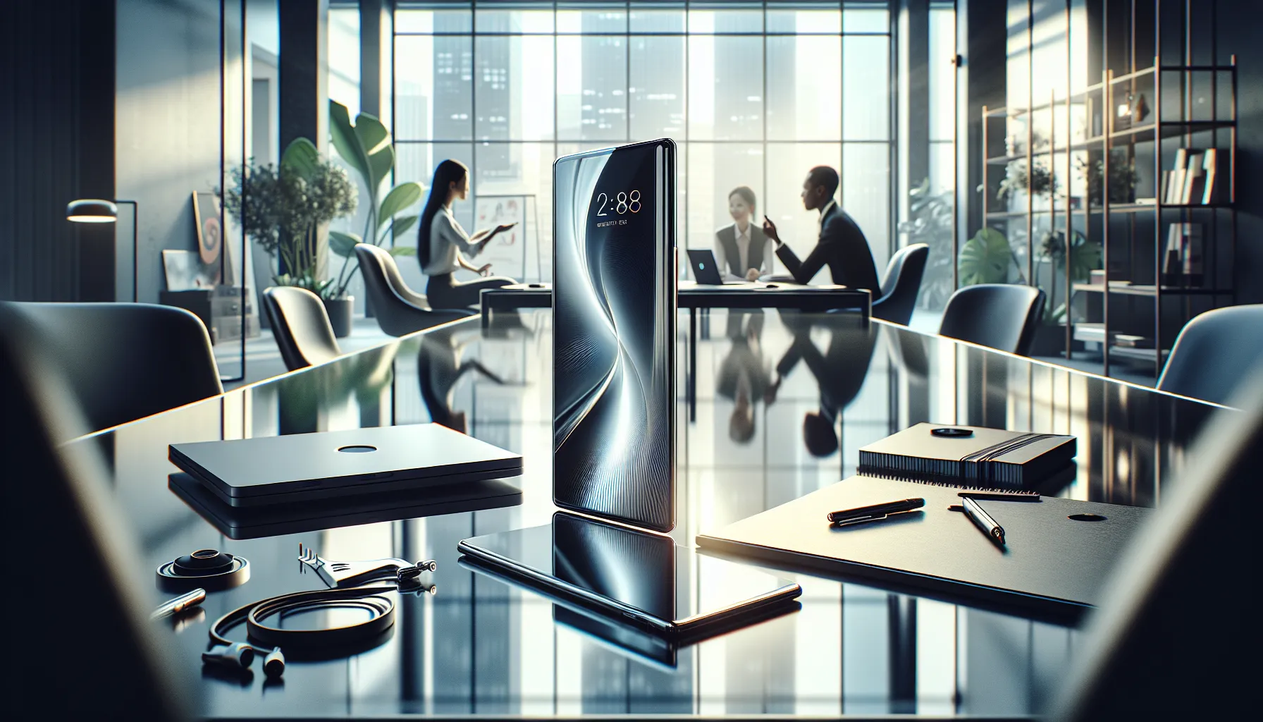Diverse professionals discussing the sleek Drewser3870 in a modern office.