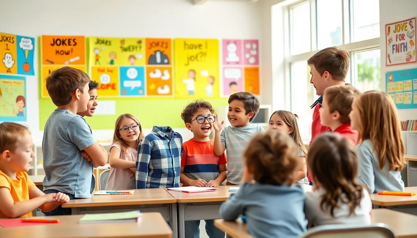 Children laughing while sharing jokes in a sunny classroom.