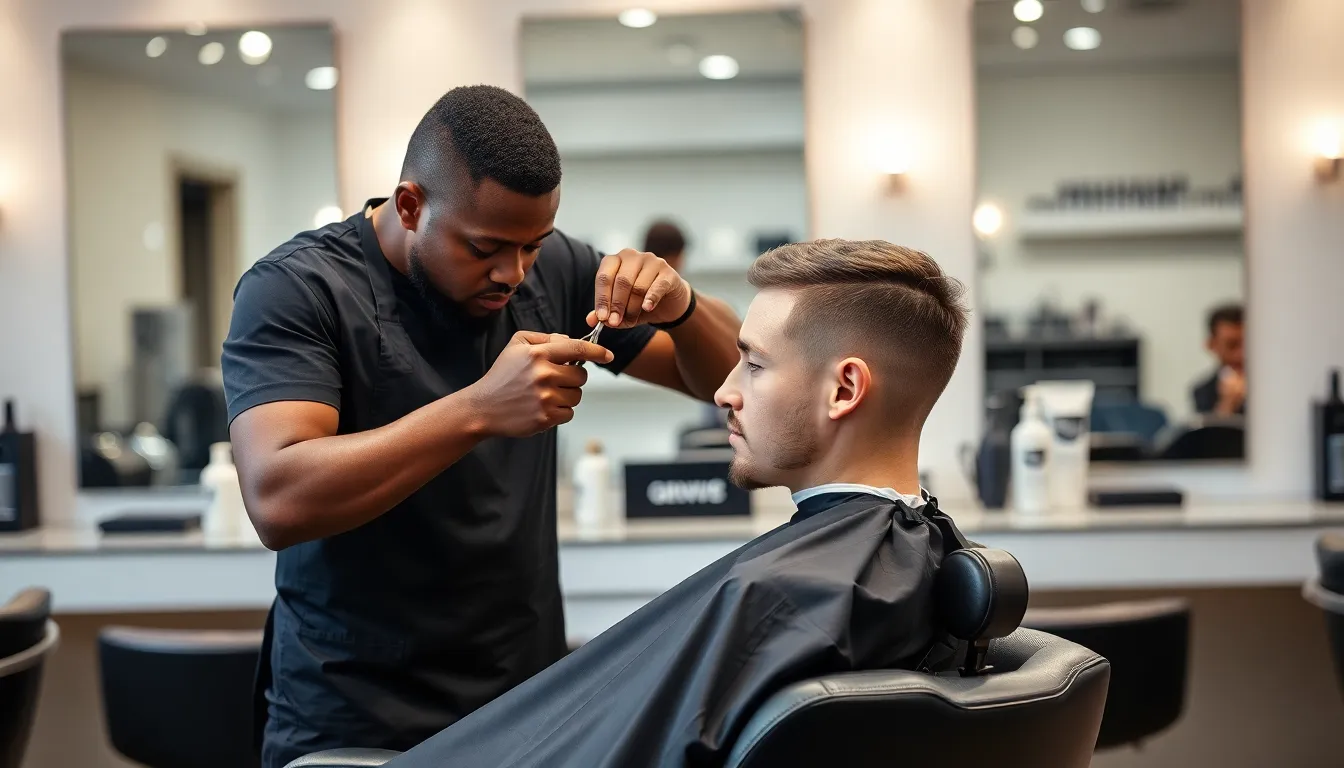 barber giving a mid fade taper haircut in a modern salon.