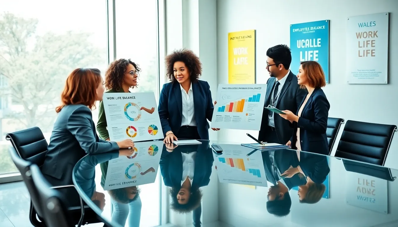 diverse team discussing work-life balance in a modern office.