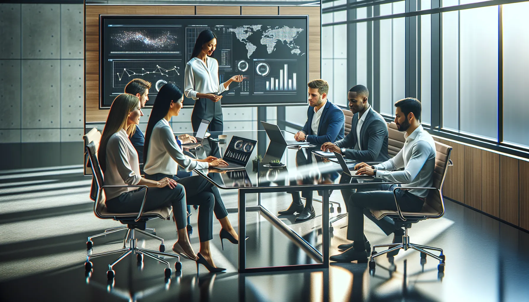 diverse team collaborating in a modern conference room.
