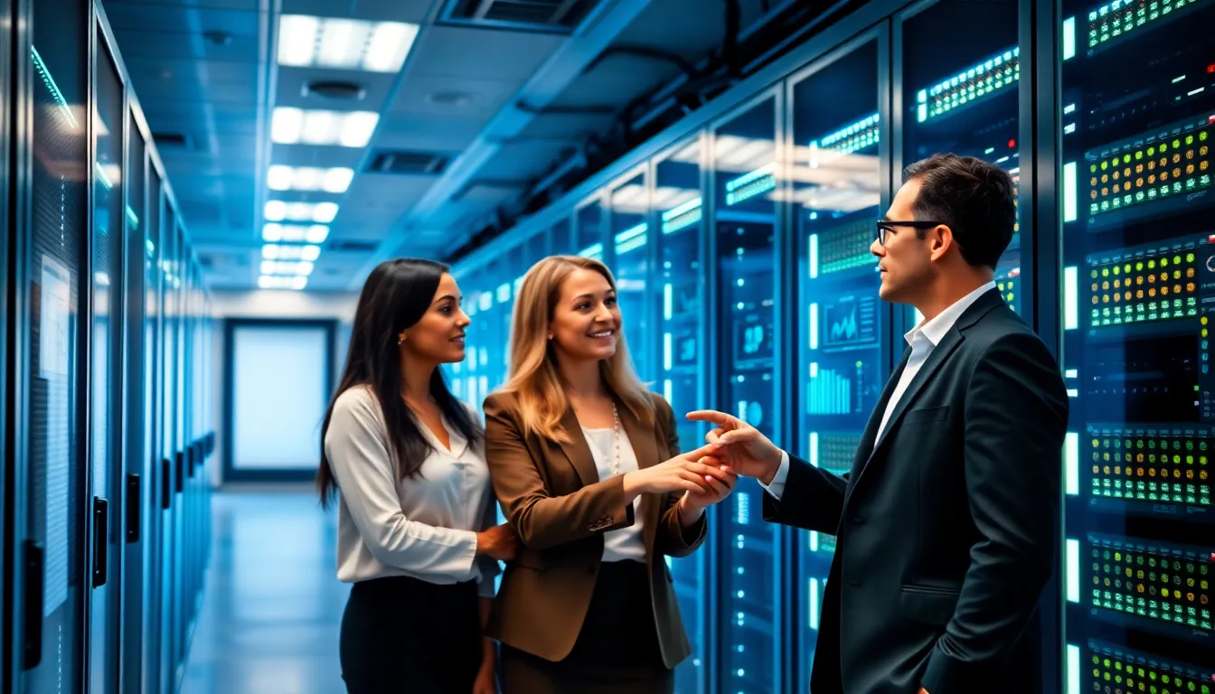 team discussing data analytics in a modern data center.