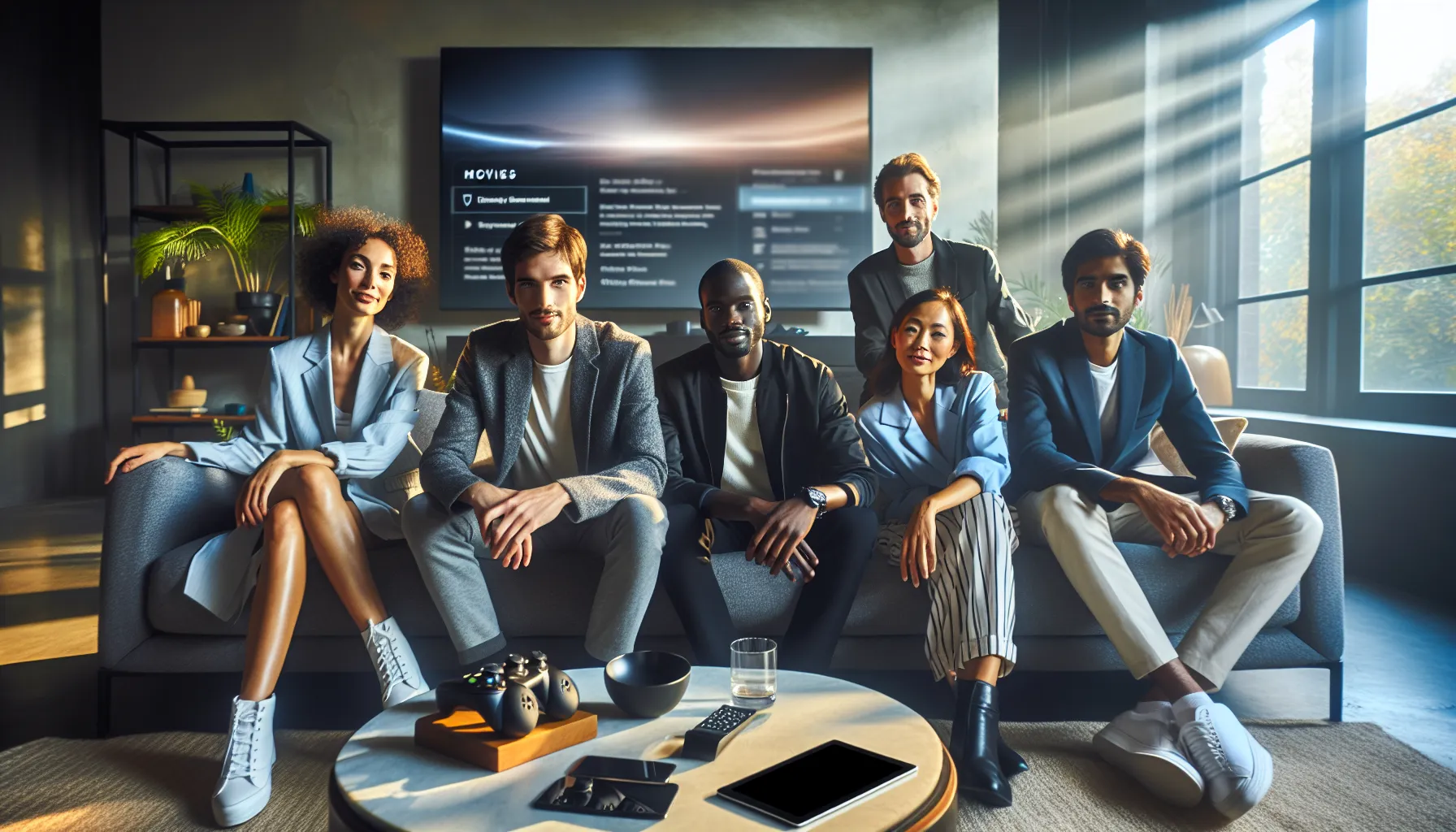 diverse team enjoying movies in a modern living room setting.