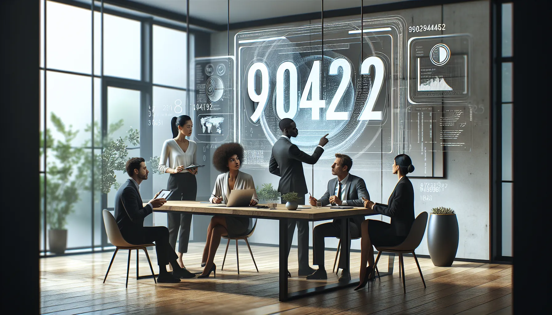 professionals discussing the significance of a number in a modern office.