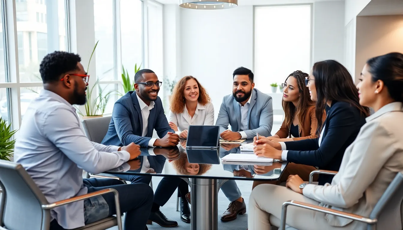 diverse professionals collaborating in a modern office environment.