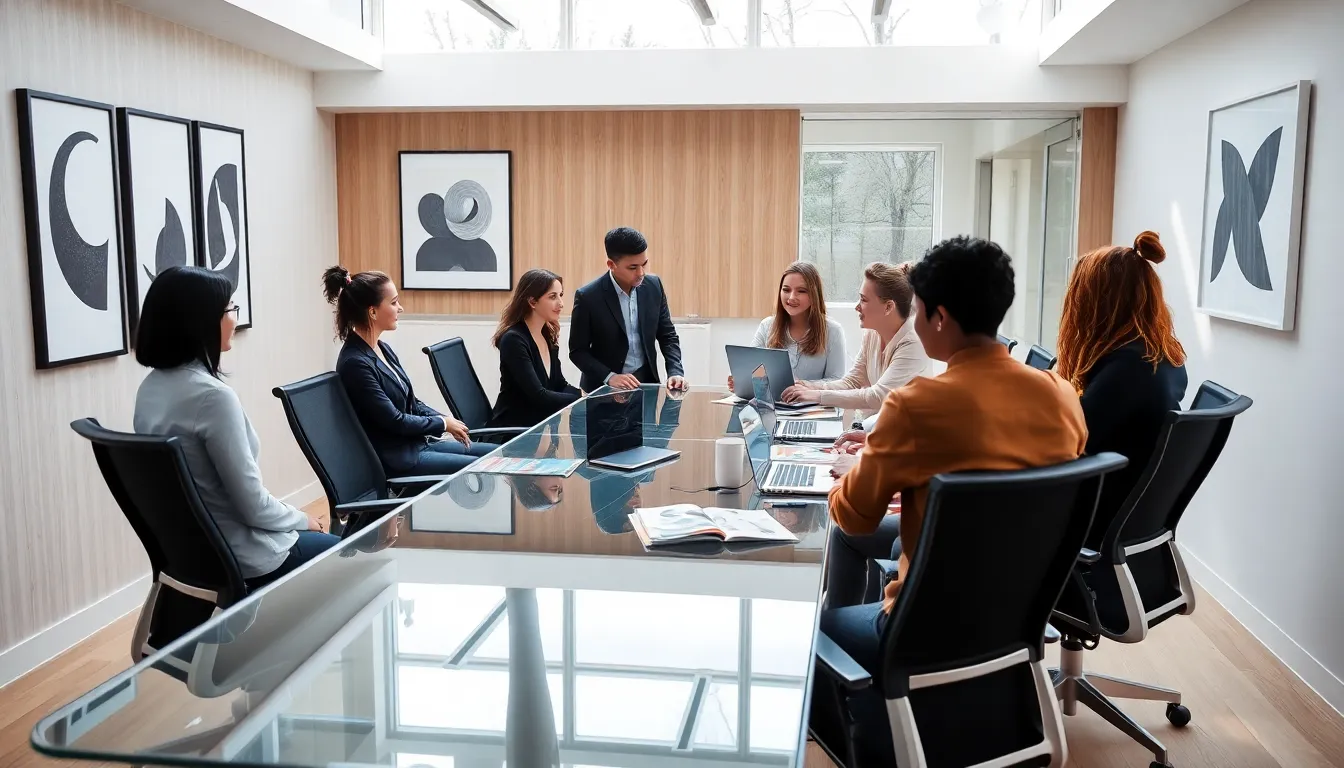 modern office with diverse team discussing interior design ideas.
