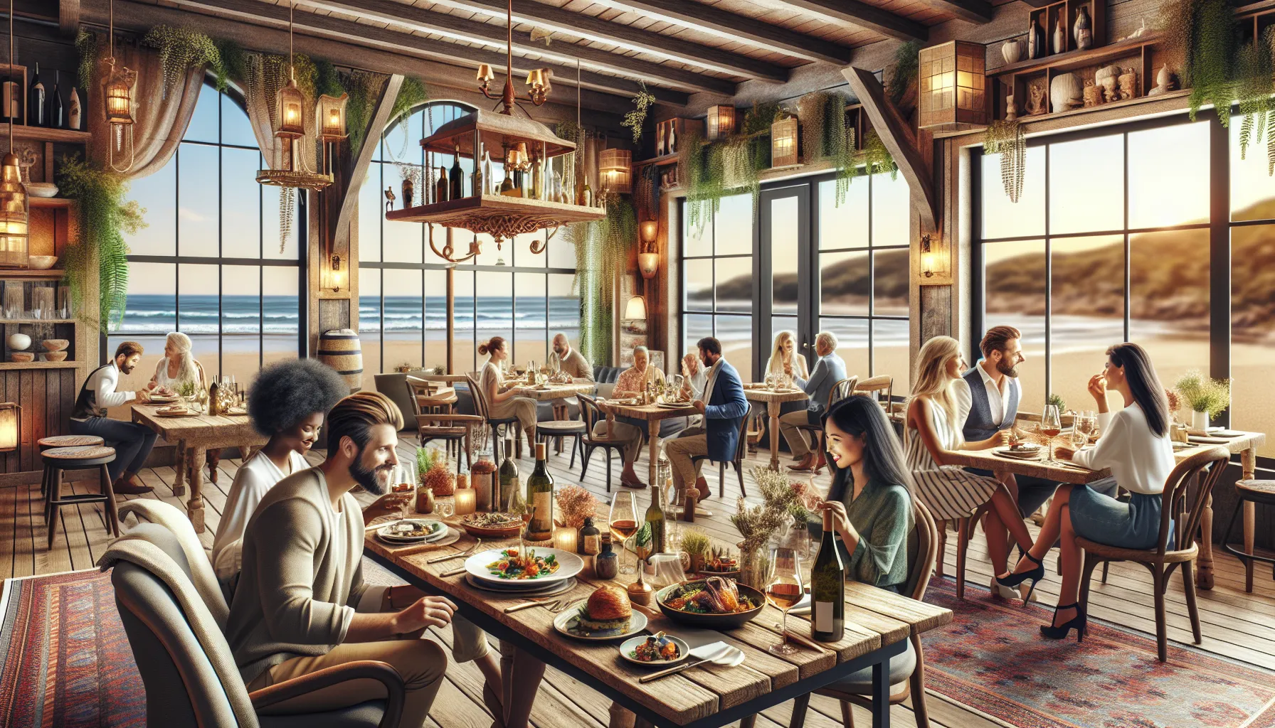 diverse diners enjoying European-style country dishes in a cozy seaside restaurant.