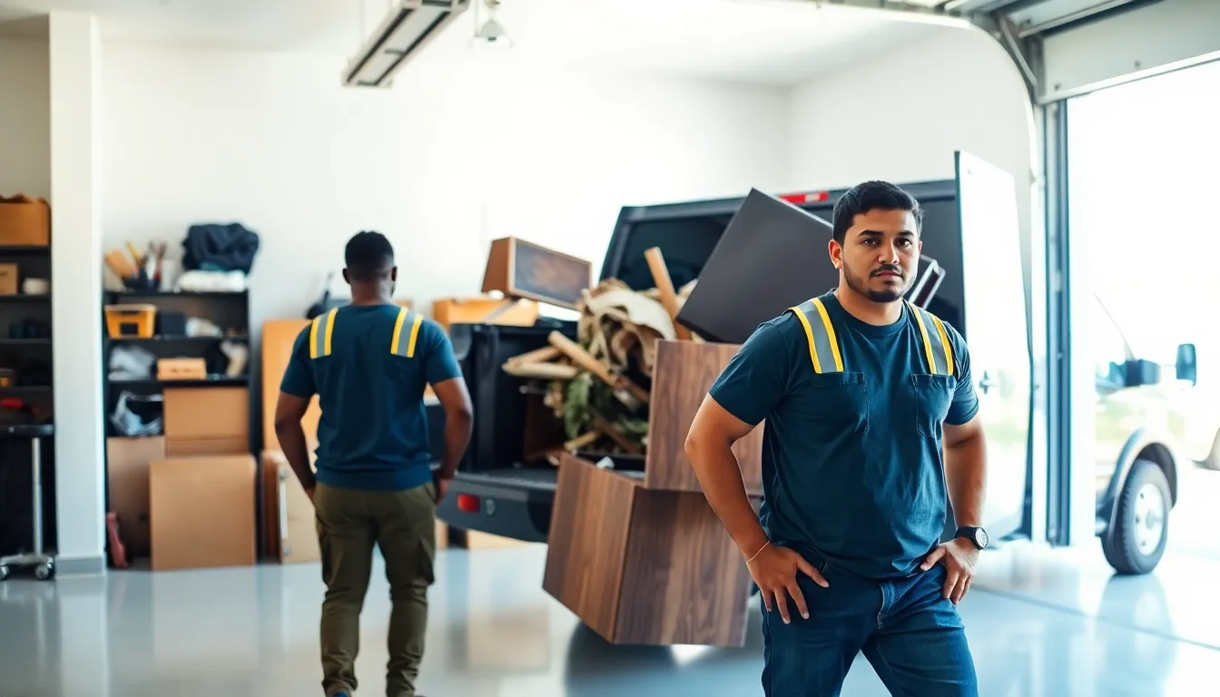 diverse junk haulers loading furniture into a truck in a modern garage.