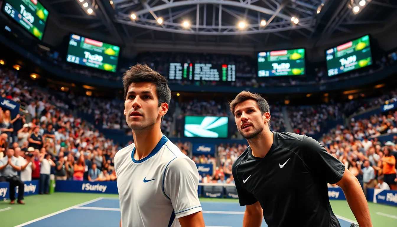 Dynamic scene from the US Open final with players and enthusiastic fans.