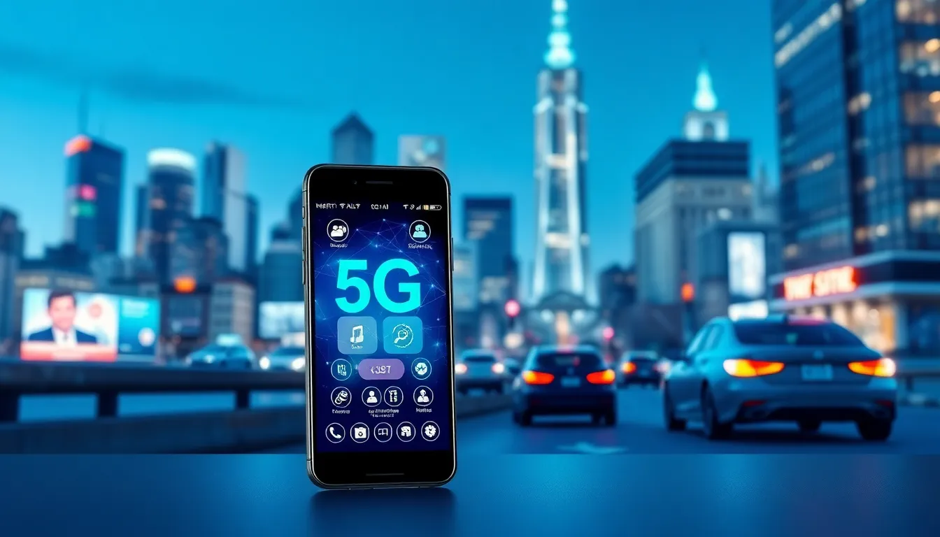 smartphone demonstrating 5G technology in a modern urban setting.