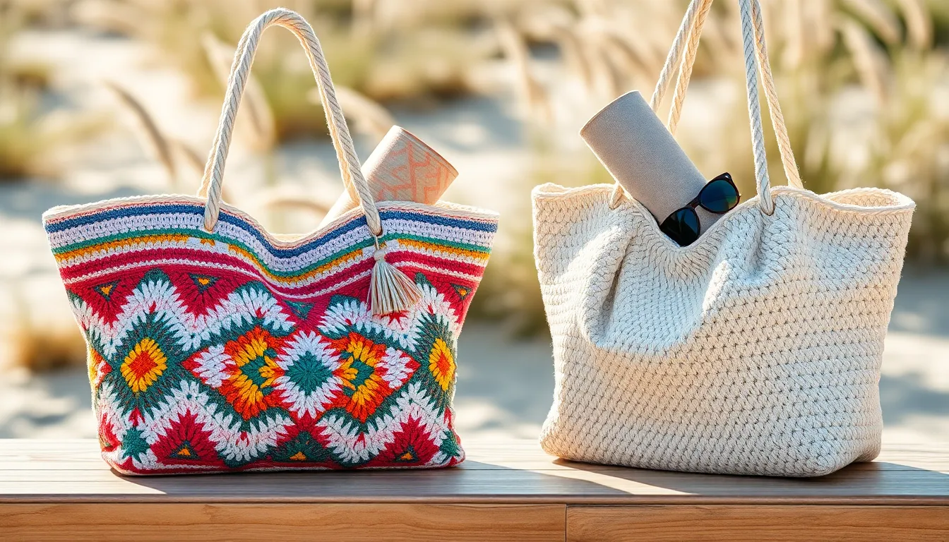 Two crochet boho beach bags with beach accessories on a sunny table.