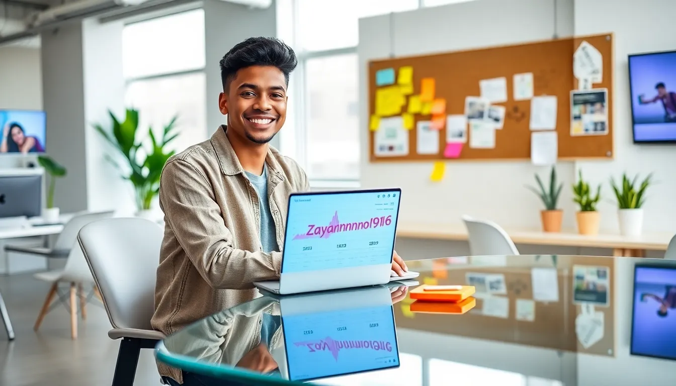 Zayannnn0916 working in a modern office, focused on social media content.