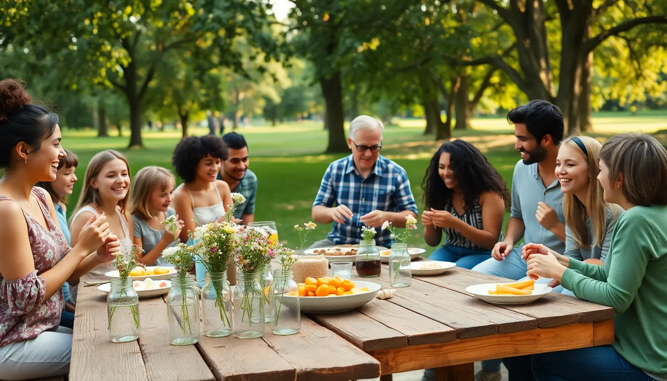 community gathering in a park celebrating a thrifty event.