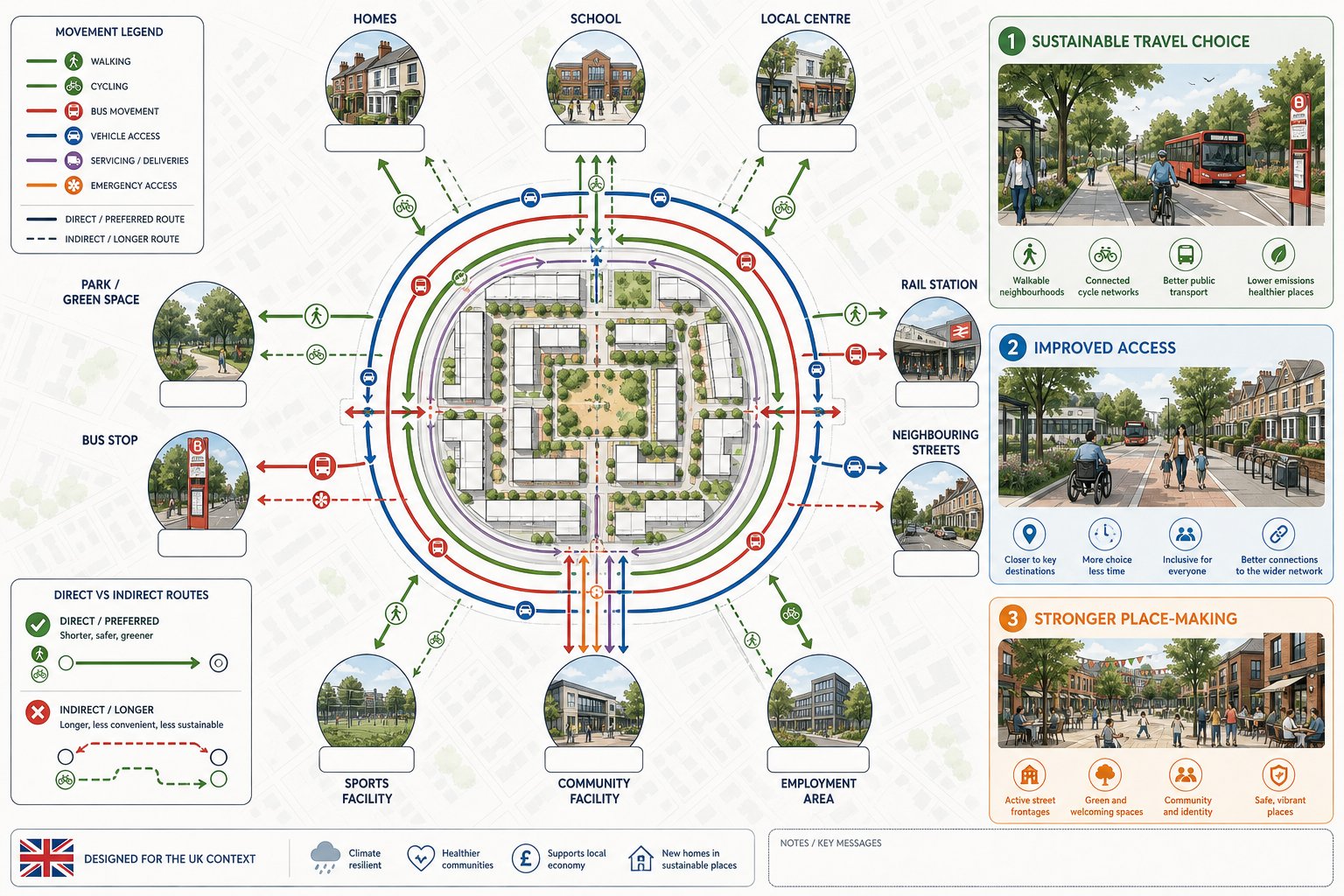 Infographic of integrated walking, cycling, transit and street connections in a development.