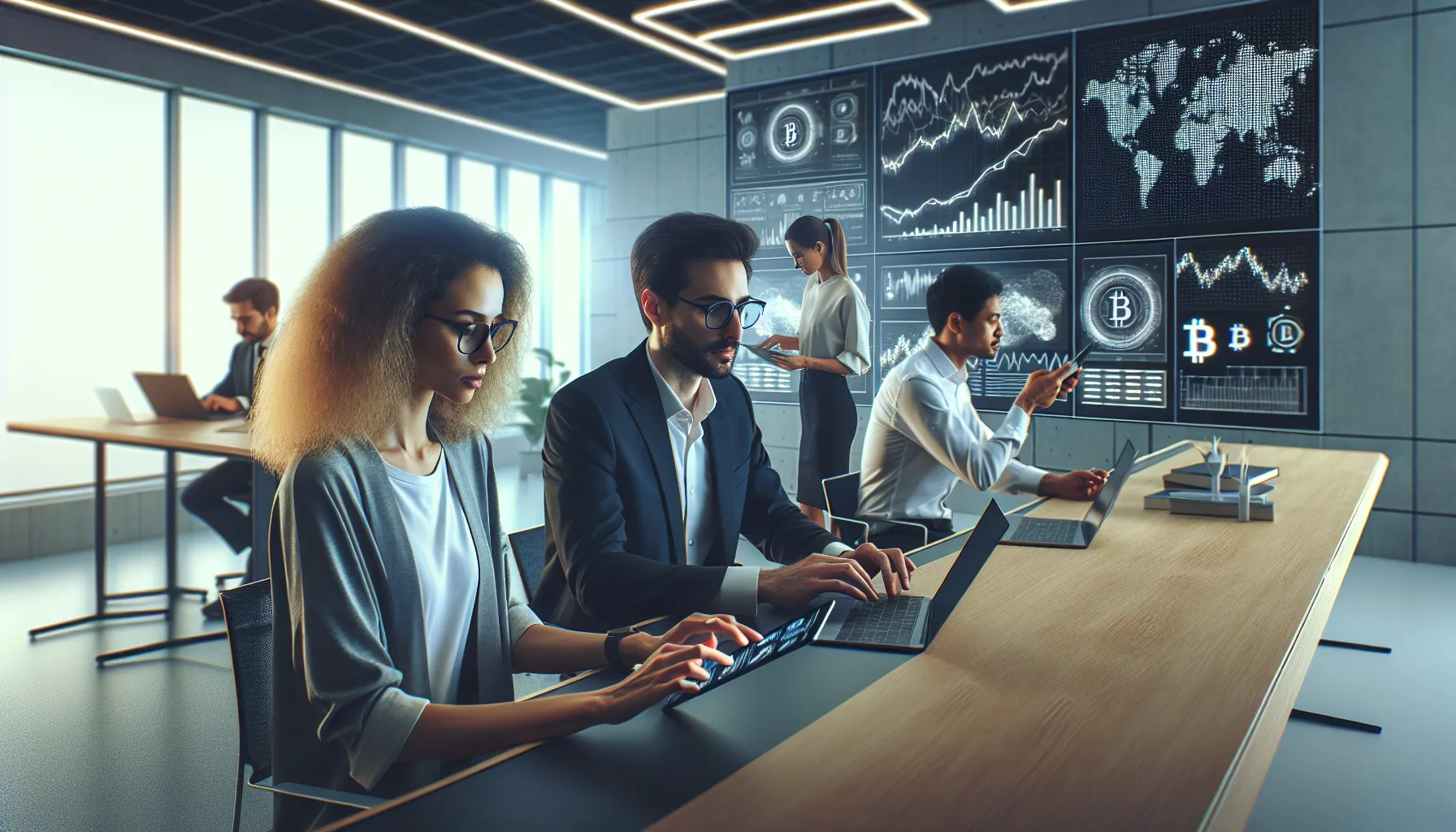 diverse professionals discussing crypto gaming trends in a modern office.