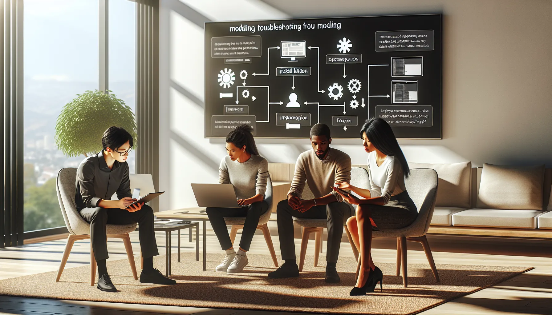diverse team troubleshooting game mod issues in a modern office.
