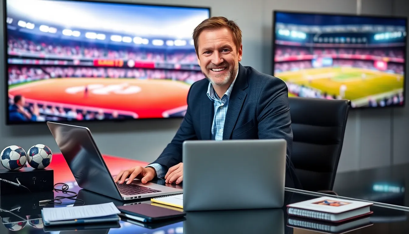 David Jones at his desk ready to discuss sports journalism.