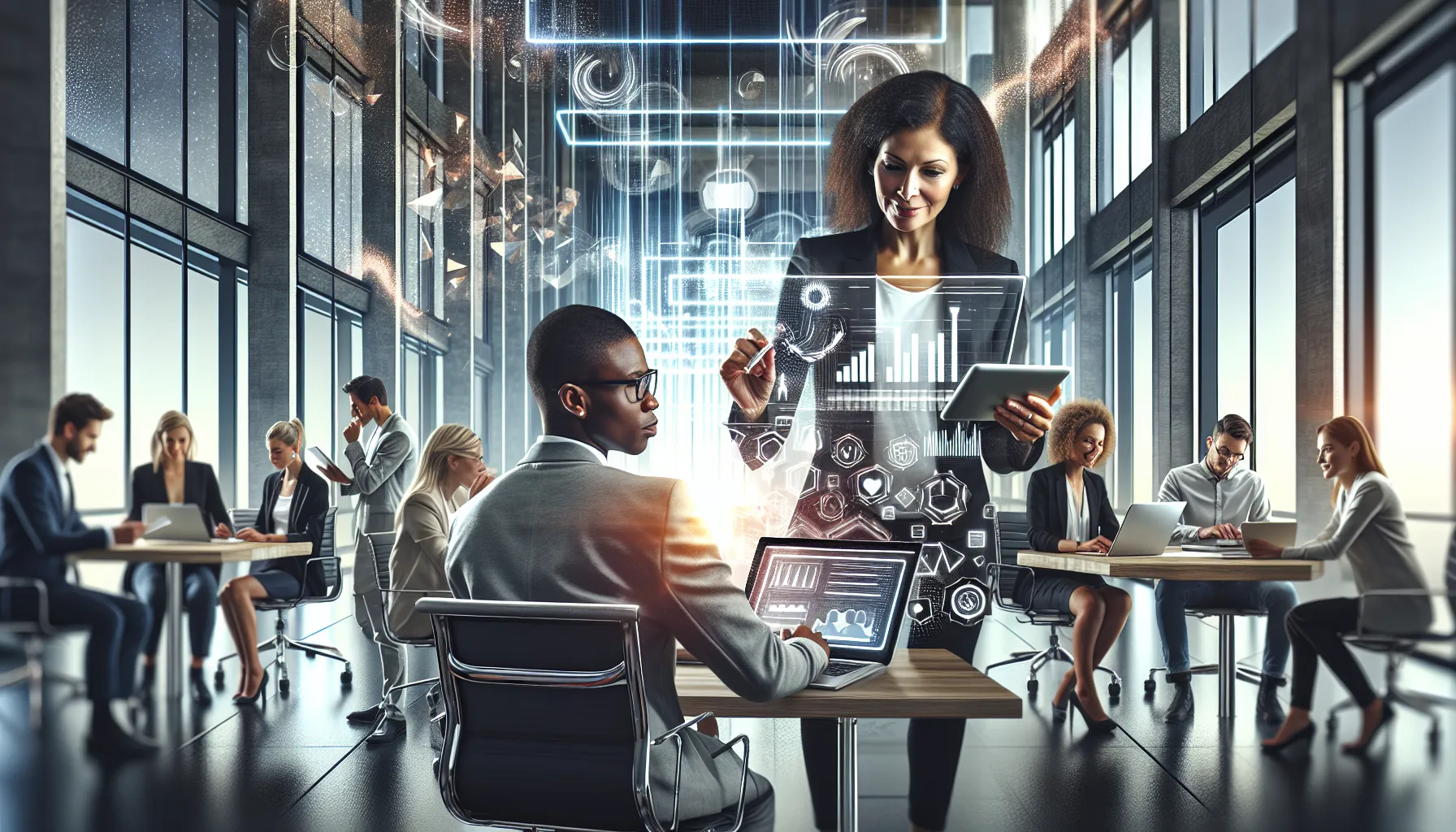 diverse team collaborating in a modern digital workspace.