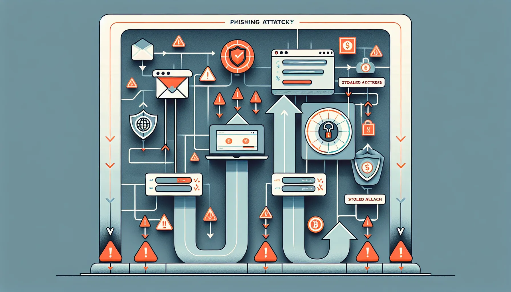 Flowchart showing how cryptocurrency phishing scams steal user credentials and drain funds.
