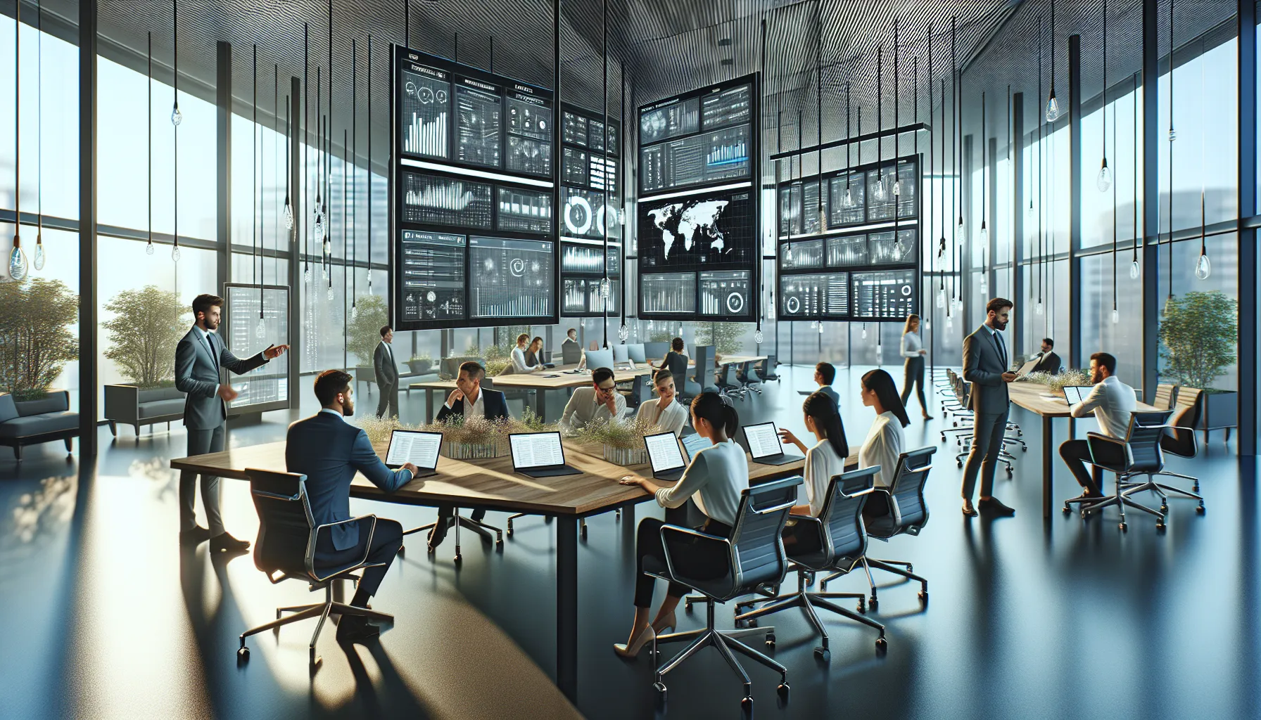 diverse team collaborating in a modern office on task management tech.