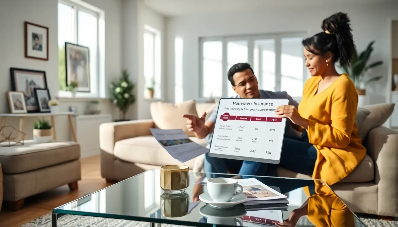 diverse couple reviewing homeowners insurance in a modern living room.
