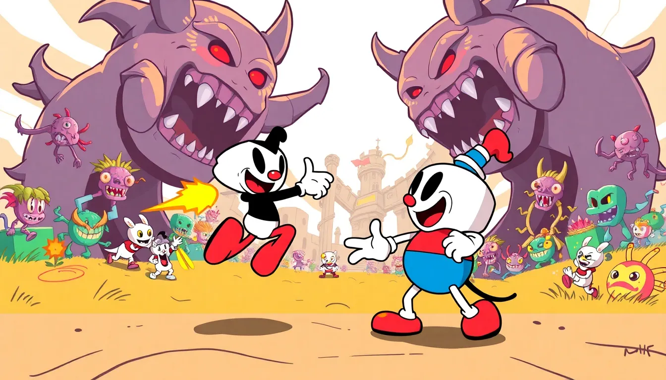 Cuphead and Mugman battling whimsical enemies in a vibrant gaming world.