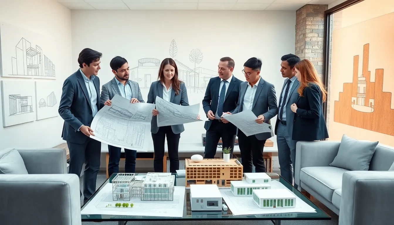 diverse architects collaborating in a modern design studio.