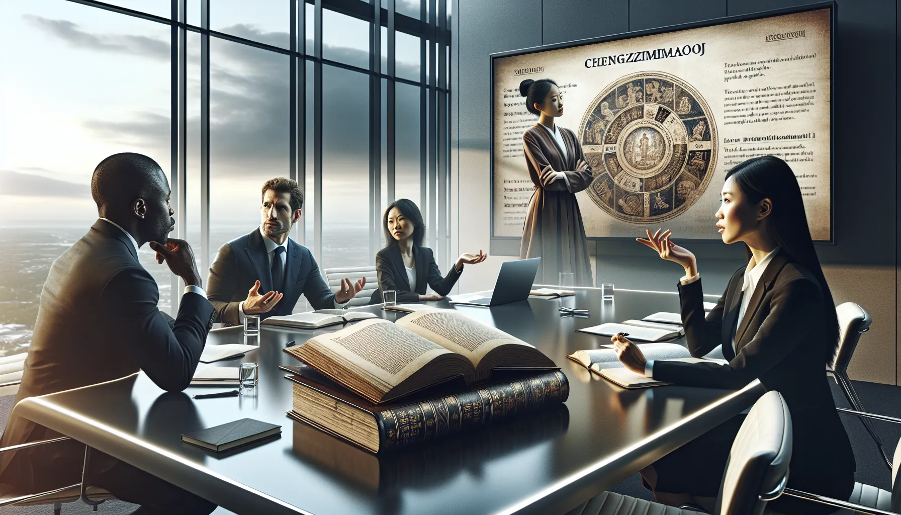 professionals discussing the historical significance of Chengzimiaoji in an office.