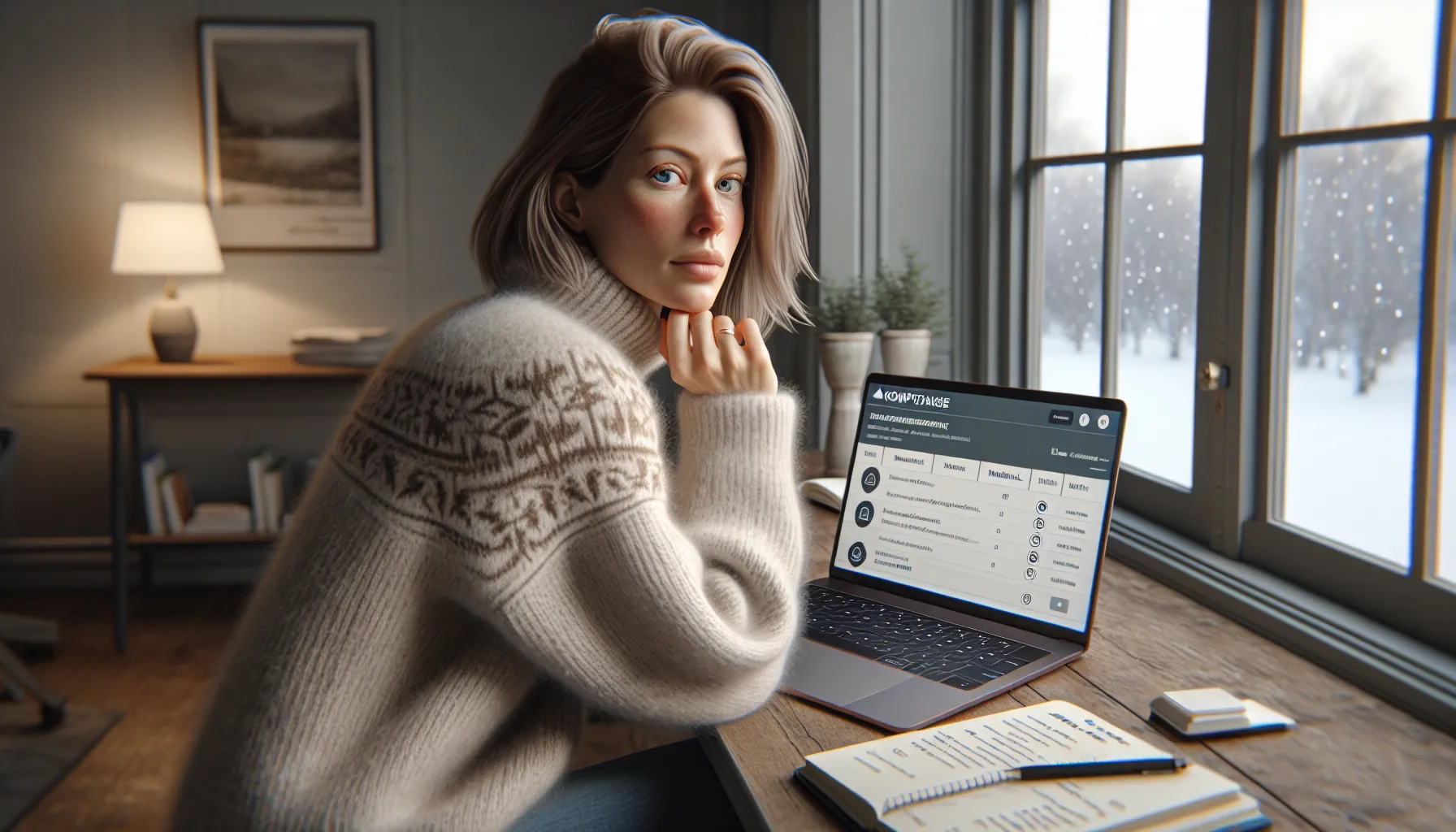 Woman in norway comparing personal development online course quality on her laptop.