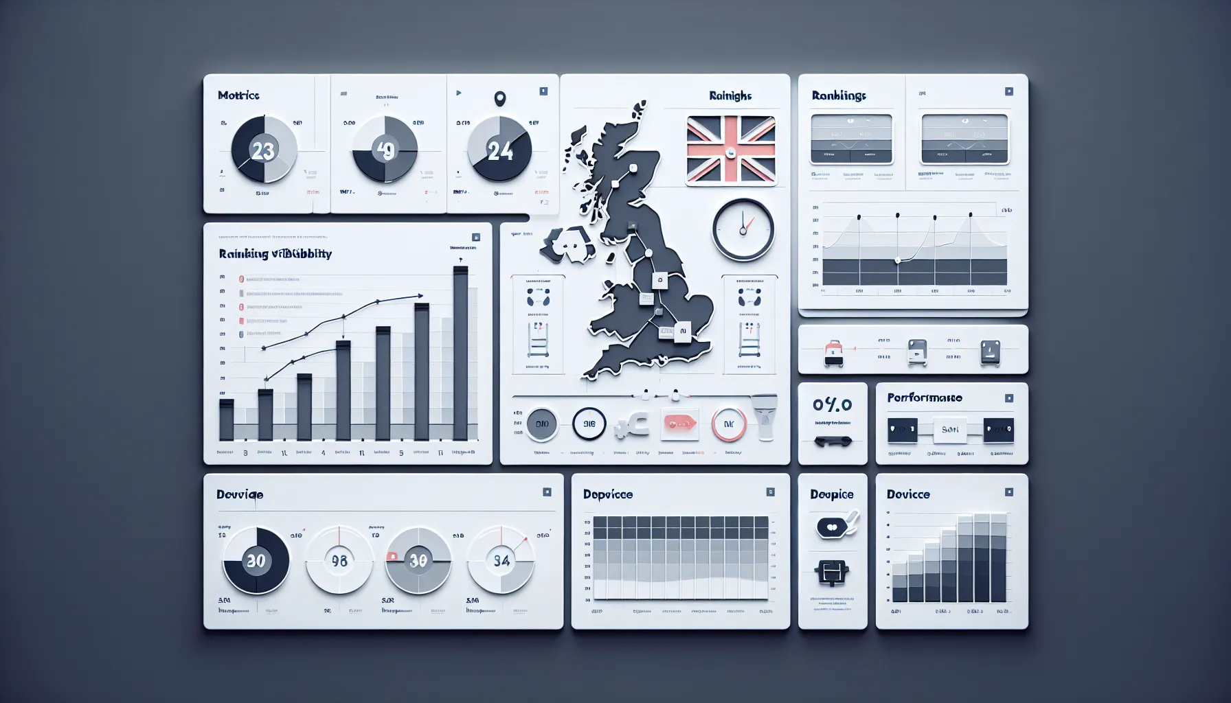 UK-themed dashboard showing website ranking, devices, features, and local visibility.