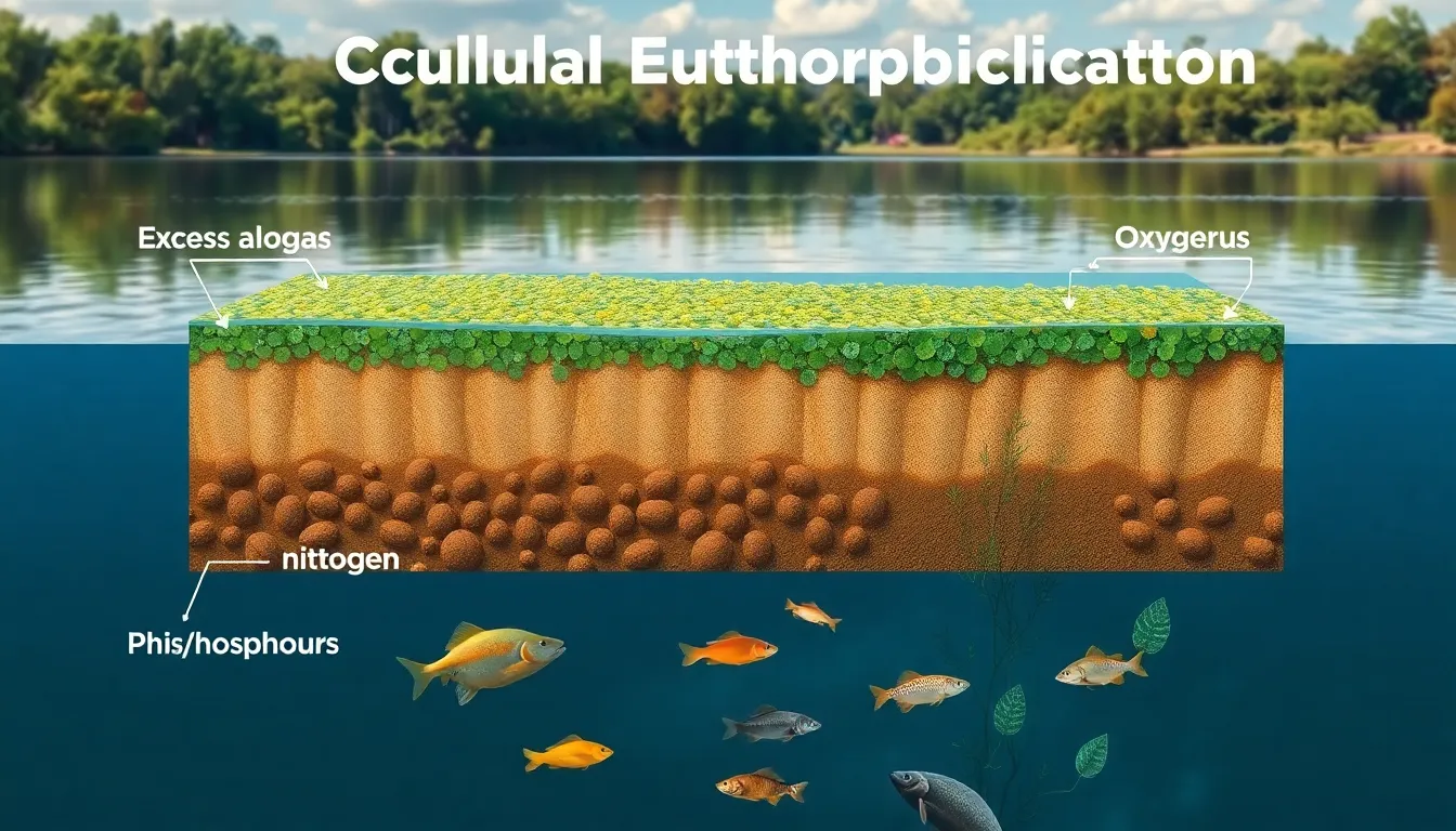 infographic depicting cultural eutrophication effects on aquatic ecosystems.