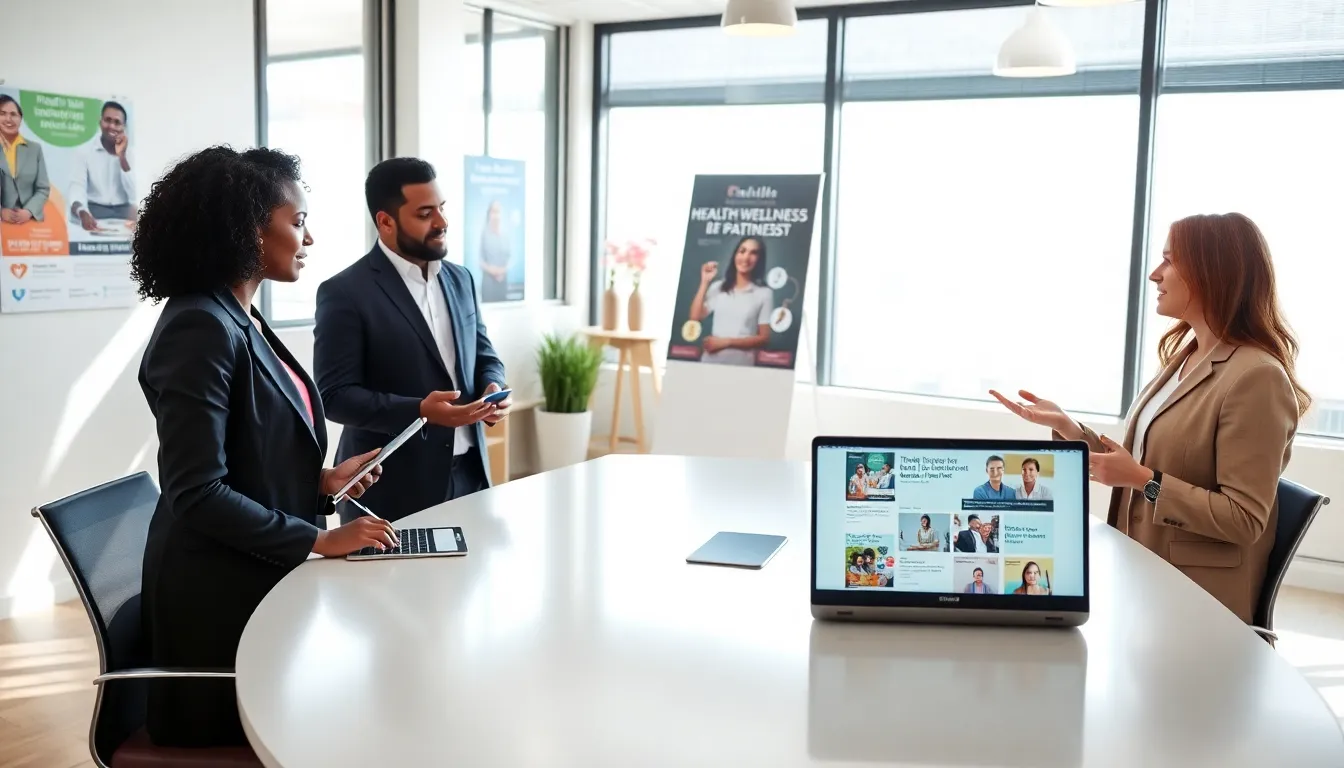 diverse team collaborating in a modern office on health topics.