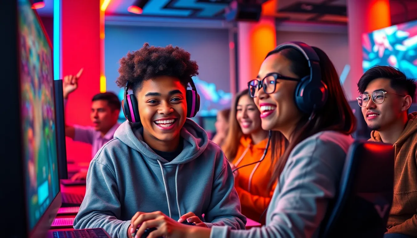 group of diverse young adults playing video games in a gaming lounge.
