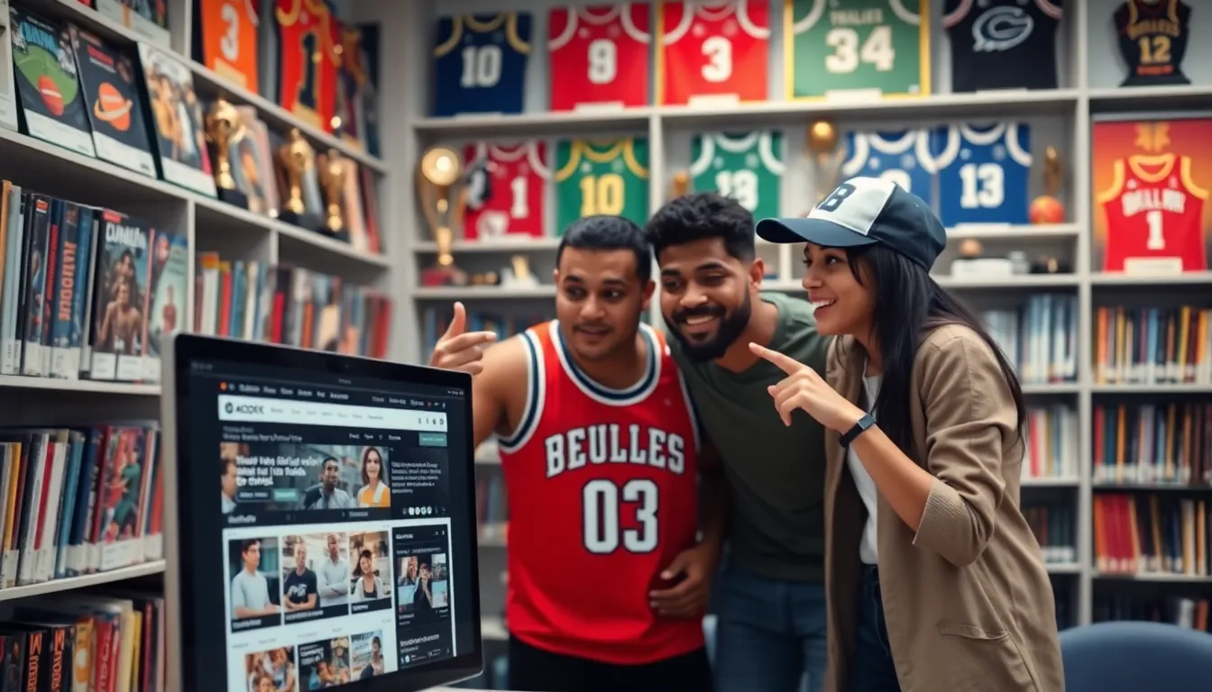 a group discussing sports articles on a computer in a vibrant library.