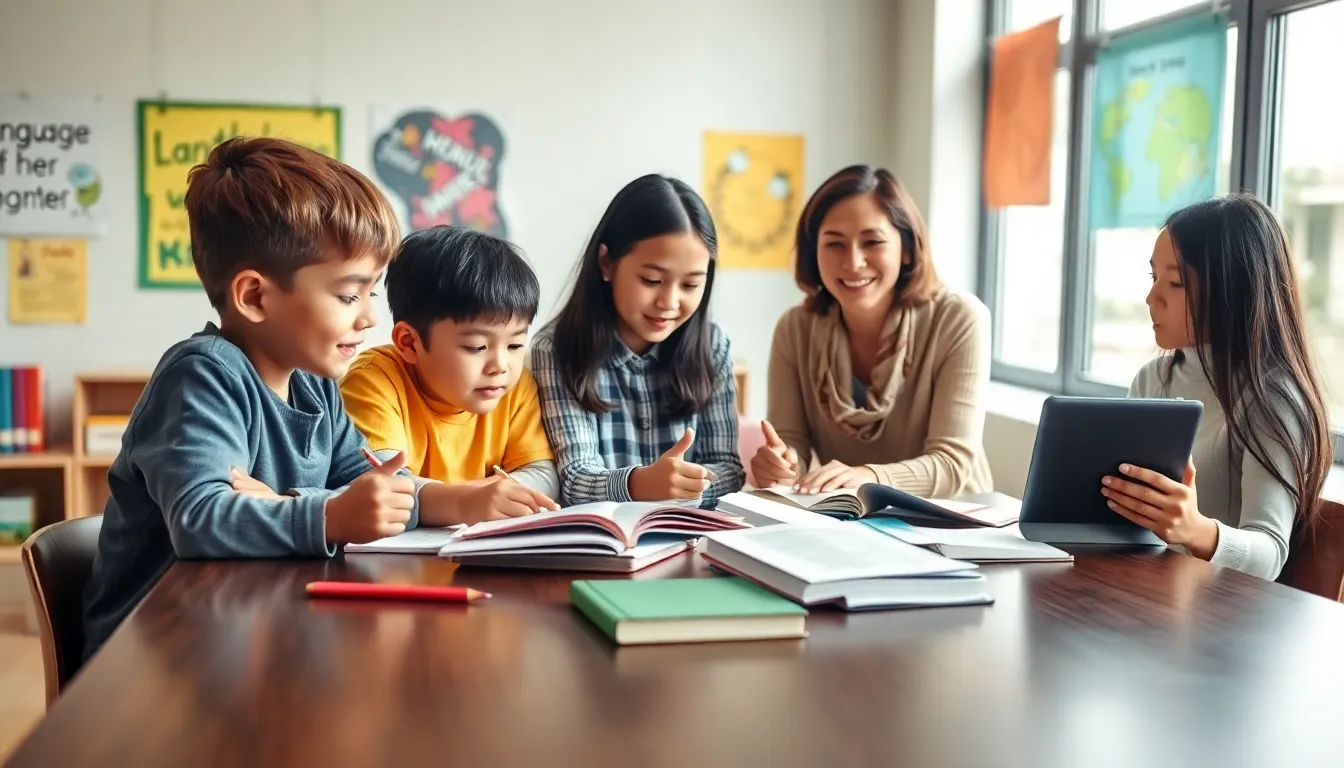 diverse students collaborating in a modern classroom on reading and writing tasks.