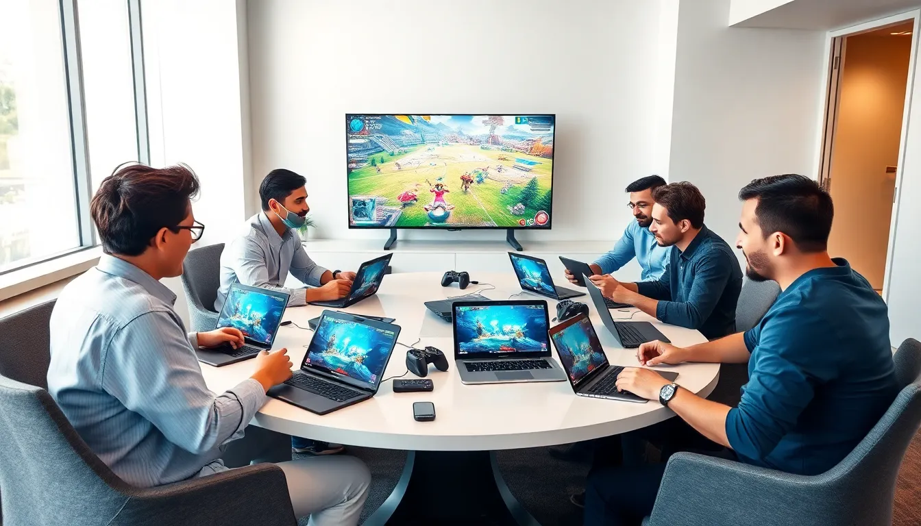 diverse team collaborating around Embedtree games in a modern office.