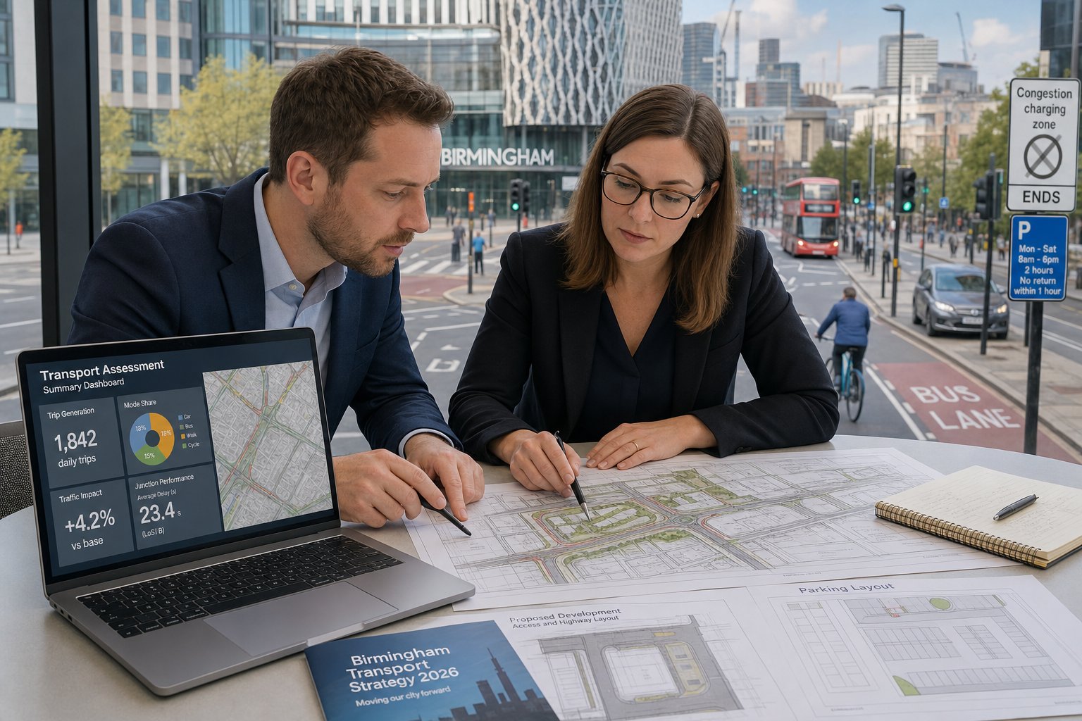 Traffic engineer reviewing Birmingham transport plans in a modern professional setting.