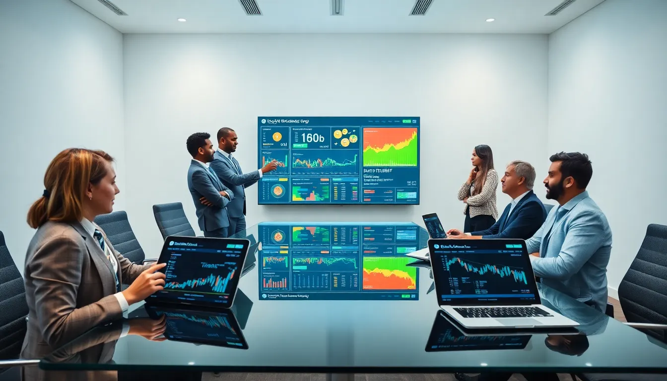 diverse professionals discussing cryptocurrency in a modern office.