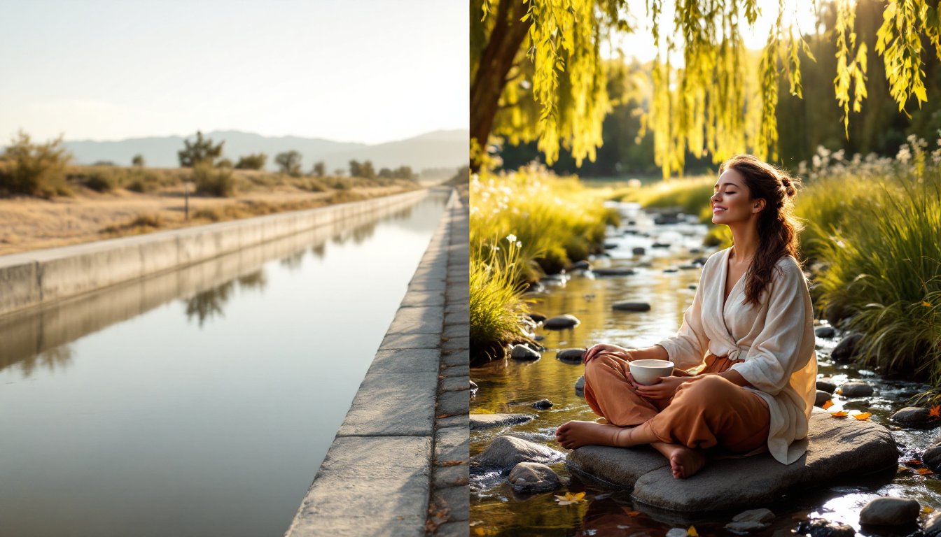 A woman meditating by a flowing river contrasted with a straight concrete canal.