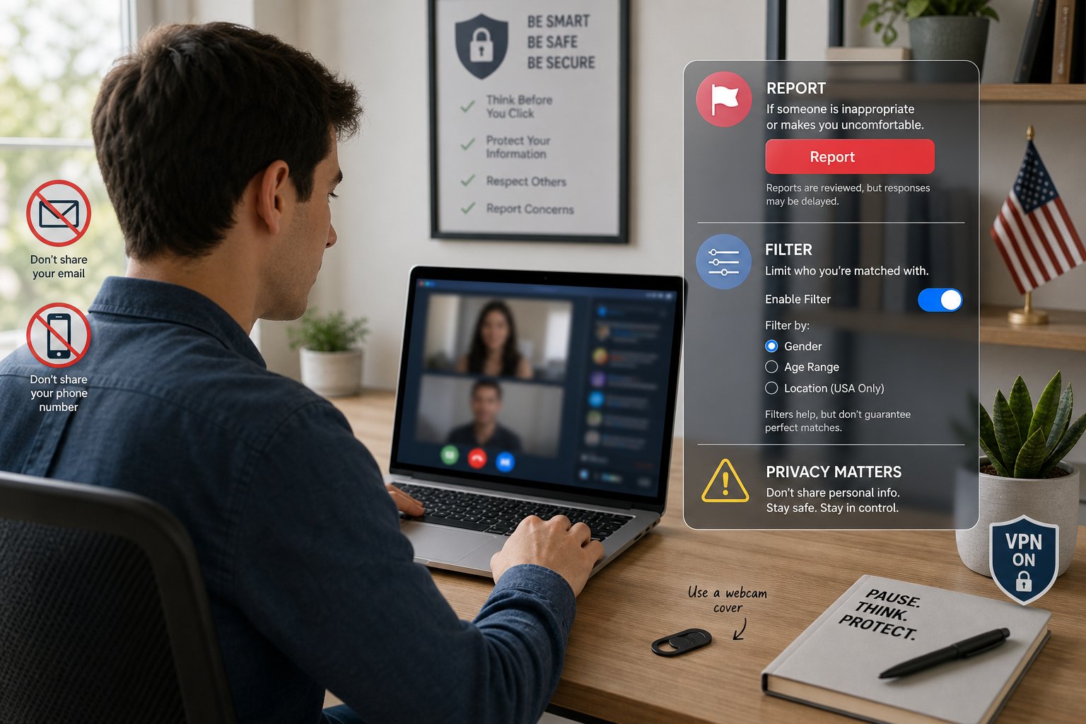 Person reviewing random video chat safety with report and privacy icons on laptop.
