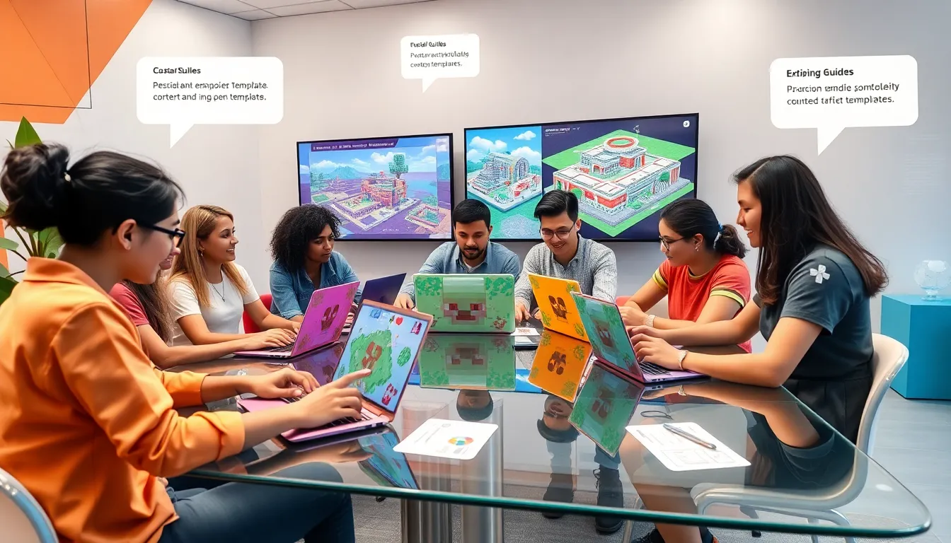 diverse gamers collaborating on Minecraft projects in a modern workspace.