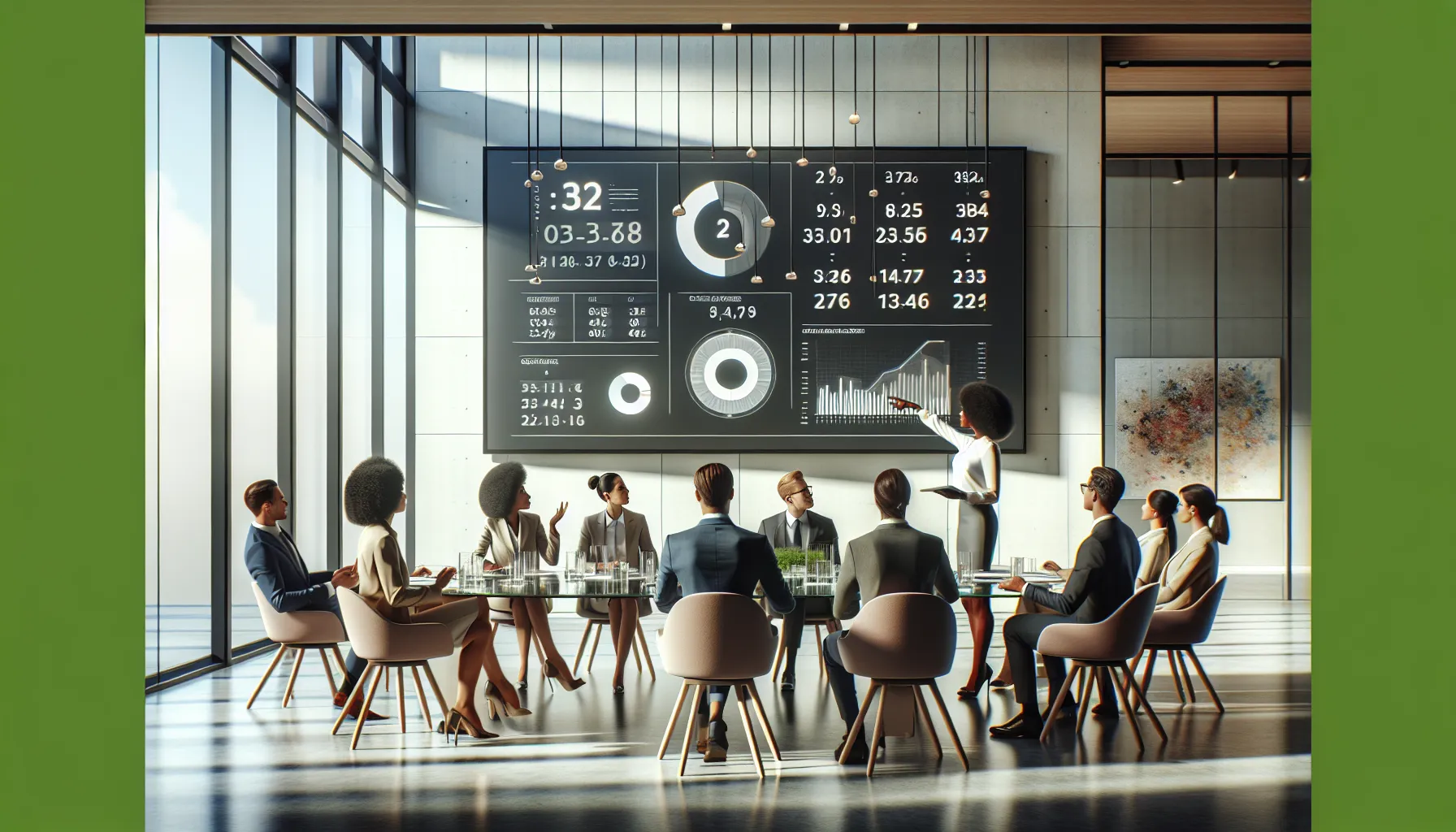 diverse professionals discussing the significance of numbers in a modern office.