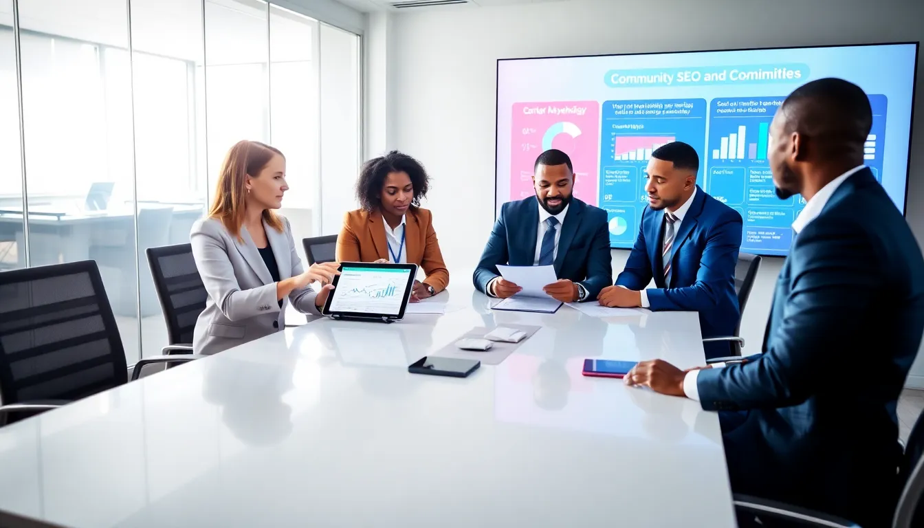 diverse professionals discussing digital marketing strategies in a modern office.