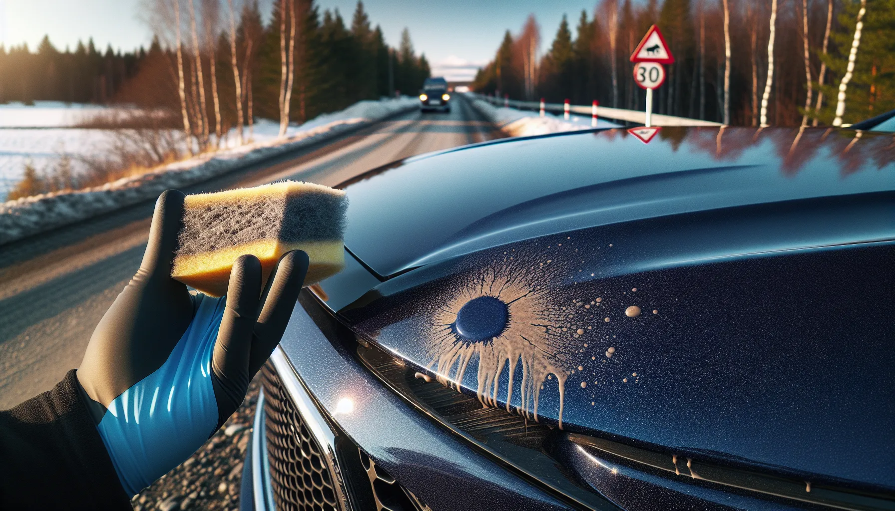 Close-up of car hood with stone chip, swirls, and bird dropping in norway.