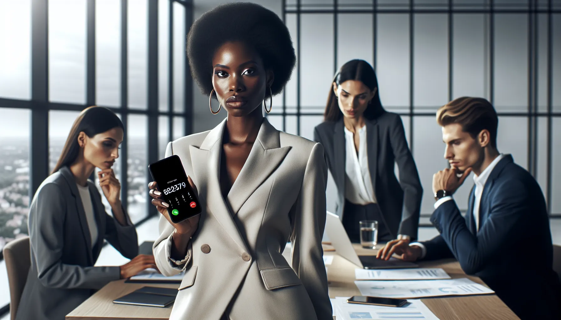 professionals discussing a phone number in a modern office.