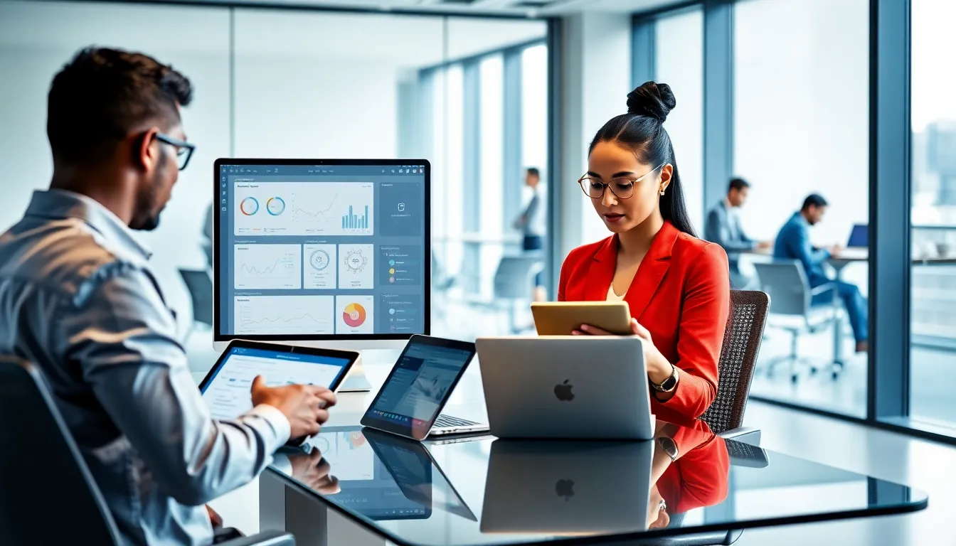 diverse professionals collaborating with the Melanie2W platform in a modern office.